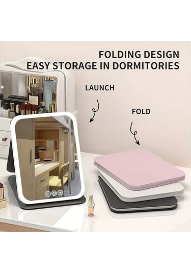 Honeybeeshop Pembe Işıklı Makyaj Aynası Taşınabilir 3 Renk Aydınlatma Dokunmatik Şarj Edilebilir Led Pembe