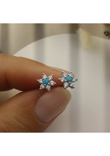 925 Ayar Gümüş Turkuaz Taşlı Minimal Lotus Küpe Gümüş