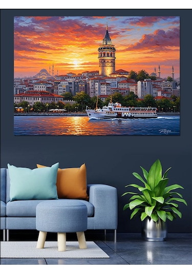 İstanbul Galata Kulesi Günbatımı Dekoratif Kanvas - Mdf Ahşap Tablo