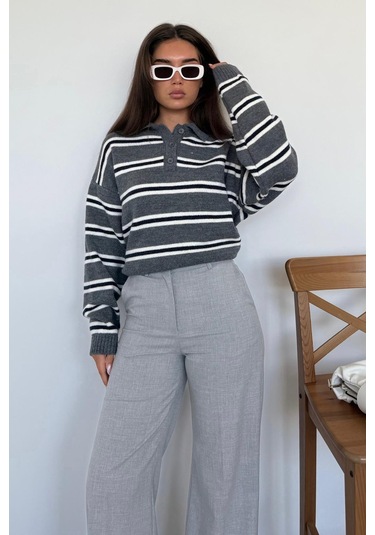 Antrasit Polo Yaka Çizgili Kadın Triko Kazak Mg2469 Antrasit