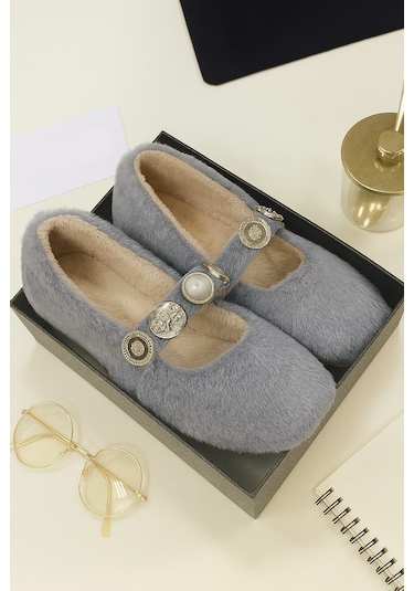 Zera Home Kadın Ev Babeti Kışlık İçi Yünlü Ev Ayakkabısı Panduf Gri