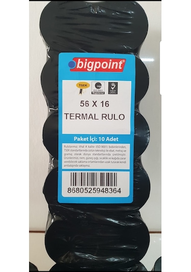 Bigpoint 56 Mm X 16 M Termal Pos Yazar Kasa Kağıdı 10 Pk 100 Rulo