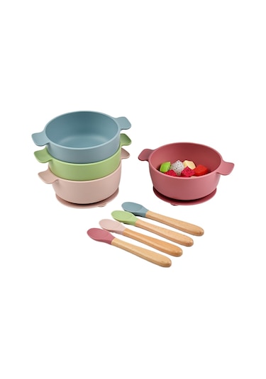 Çocuk Sofra Takımı - Renkli Vantuzlu Kase Ve Tahta Kaşık, Düşmeye Ve Haşlanmaya Karşı Dayanıklı