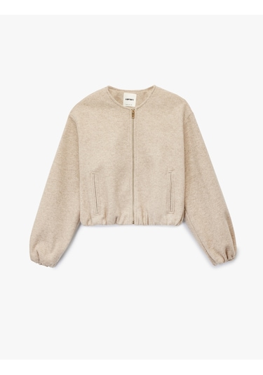 Koton Fermuarlı Bisiklet Yaka Uzun Kollu Crop Kaşe Kolej Bomber Ceket Vizon 6wak20207ew VIZON