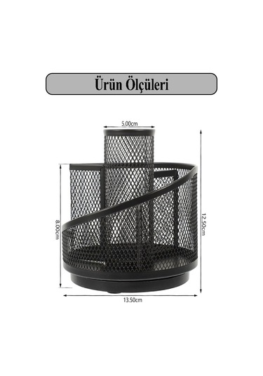 Döner Metal Masaüstü Düzenleyici 1 Adet Organizer Kalemlik Siyah Renk Hareketli 360 Derece Döner Kalemlik Fileli Siyah
