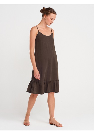 Dilvin 90572 Alt Bölümü Büzgülü Kısa Denim Elbise-kahve Kahve