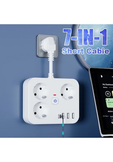 Xuweiwei 7si 1 Arada Priz 3 Ac 3 Usb 1 Type C Siyah Kısa Kablo 152 Cm Ev Ofis Seyahat