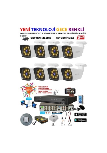 8 Kameralı Gece Renkli 8 Adet Warm Ledli Yeni Nesil 5 Mp Kuruluma Hazır Güvenlik Kamerası Seti
