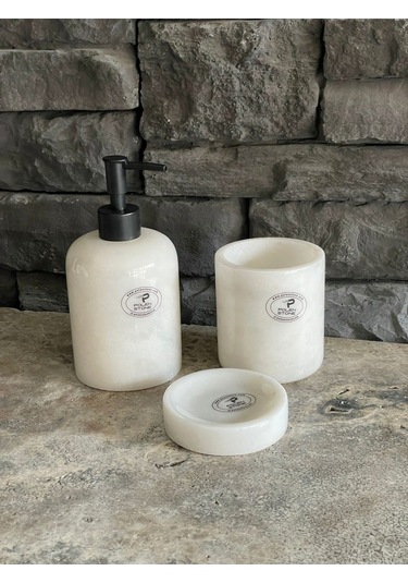 Beyaz Mermer Sıvı Sabunluk, Diş Fırçalığı. Katı Sabunluk 3'lü Set. Siyah Aksesuarlı Beyaz