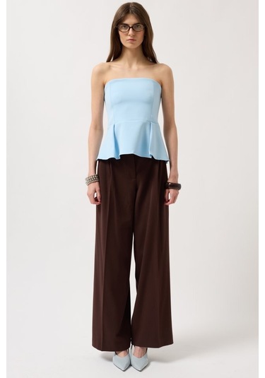 Pileli Straplez Bluz Antrasit Melanj