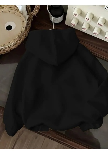 Kışlık Kapüşonlu Sweatshirt, Çocuk Ayıcık Baskılı SiYAH