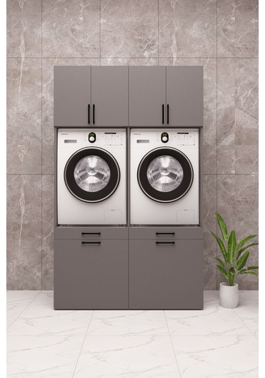 Mdf Çamaşır Makinesi Ve Kurutma Makinesi Dolabı Çift Sepetli Antrasit