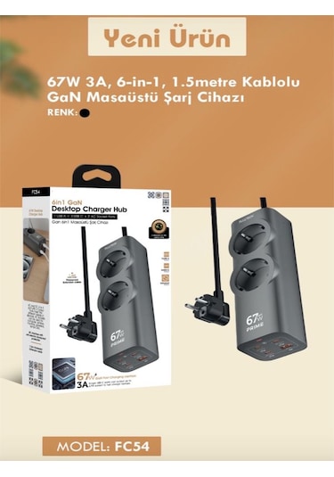 67w Gan Hızlı Şarjlı Kablolu Priz 3x Type-c + 1x Usb + 2'li Priz 1.5m Uzatma Kablosu Siyah 1,5 m