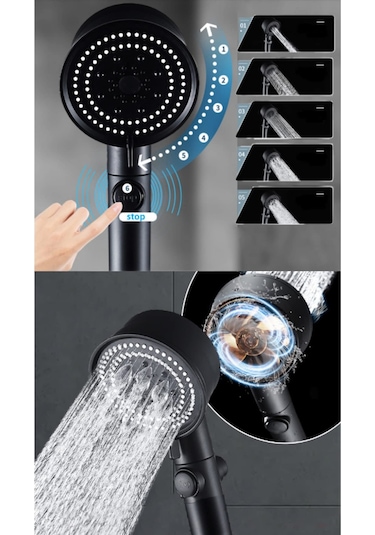 Qianfan Turbo Pervaneli 5 Fonksiyonlu Duş Başlığı Krom Duş Siyah