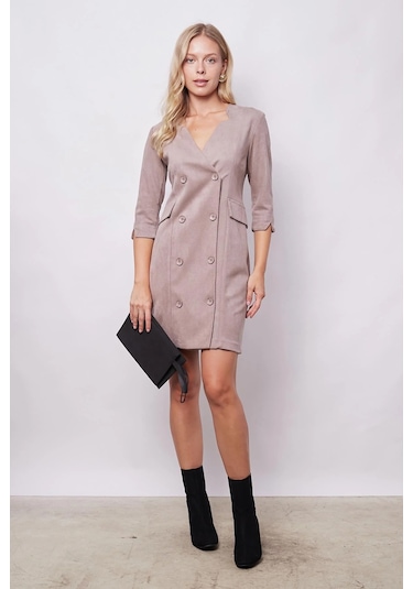 Kadın Kadife Likralı Yumuşak Dokulu Kruvaze Kapri Truvakar Kol Kolu Yırtmaçlı Ofis Ceket Elbise-bej Bej