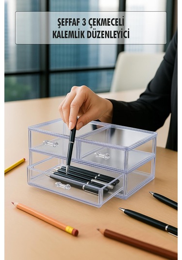 Şeffaf 3 Çekmeceli Kalemlik Düzenleyici Organizer 14 24 10 Cm Şeffaf