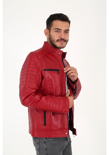 DERİNSS DER123 Hakiki Deri Erkek Kırmızı Mont Kırmızı