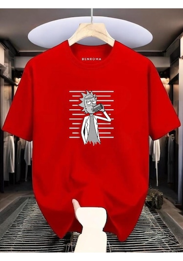 Adam Baskılı Oversize Siyah T-shirt Kirmizi