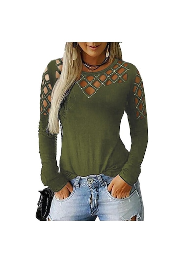 Gmxıa Kadın Modası Rahat Yazlık Hollow Iron Matkap Düz Renk Baskı Uzun Kollu O-yaka Bol Bluzlar Ve Gömlekler Koyu Yeşil Gmxıa Kadın Modası Rahat Yazlık Hollow Iron Matkap Düz Renk Baskı Uzun Kollu O-yaka Bol Bluzlar Ve Gömlekler Koyu Yeşil