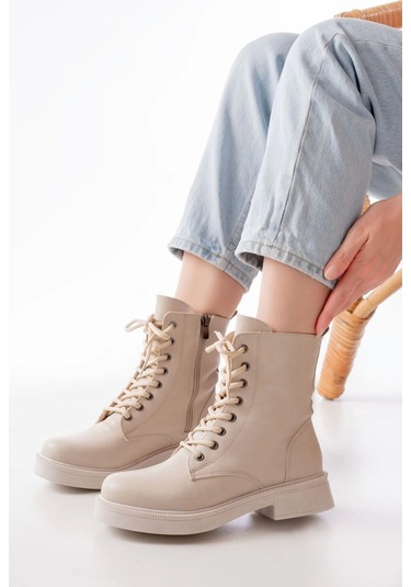 Bej Düz Topuklu Bağcıklı Fermuarlı Günlük Kadın Bot Bej