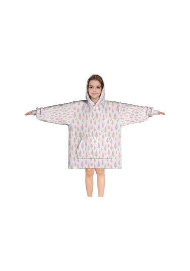 Noel Temalı 6-13 Yaş Çocuk Giyilebilir Battaniye Hoodie, Kalın Peluş, Büyük Boy-a71 Krem - Pembe