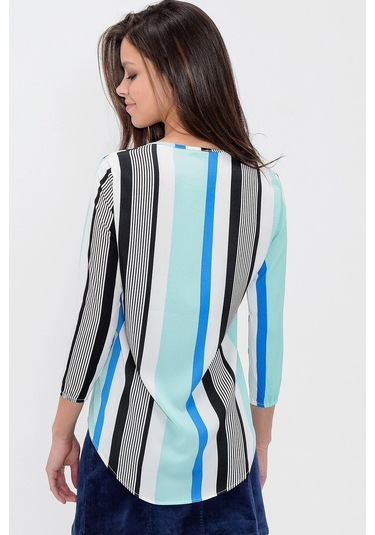 Kadın Mint Yakası Yırtmaçlı Krep Bluz Truvakar Kol Çizgili Ve Giy Çık - Tesettüre Uygun Siyah - Mavi