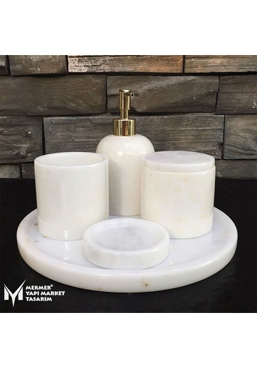 Beyaz Mermer 5 Parça Banyo Seti Beyaz