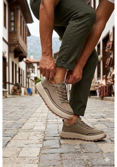 Guja 26y514 Rahat Hafif Taban Tekstil Lastik Bağcıklı Sneaker Erkek Ayakkabı Haki