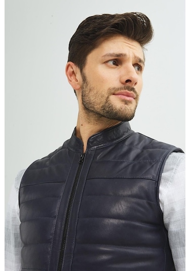 Ikbal Thomas Lacivert / Hakiki Erkek Deri Yelek