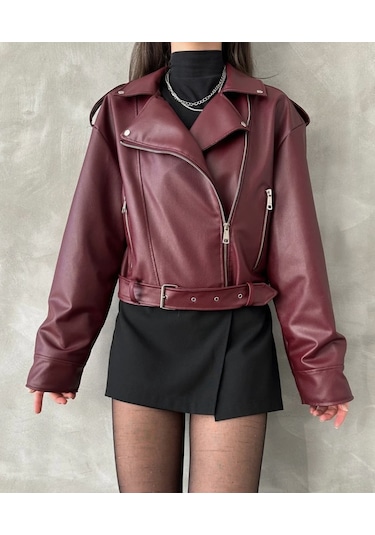 Prifaldi Suni Deri Crop Bıker Ceket Bordo