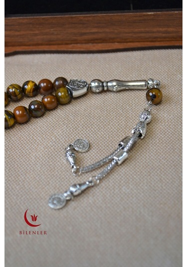 Kaplan Gözü Taşlı 33 Lü Erkek Tesbih Enerji Taşı, Ahşap Kutulu Çok Renkli