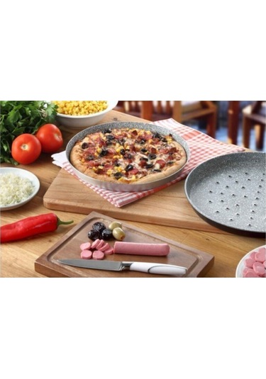 Granit Kaplamalı Delikli Pizza Tava 32 Cm Gri