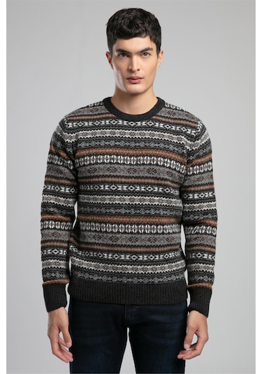 Adriel Erkek O Yaka Kazak Antrasit-safran Desenli-21056 Antrasit