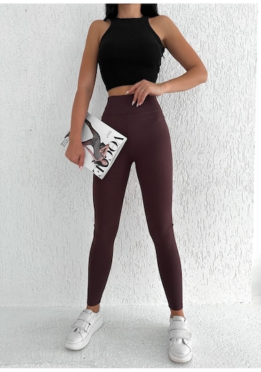 Kadın Içi Polarlı Fitilli Yüksek Bel Toparlayıcı Tayt Kahverengi