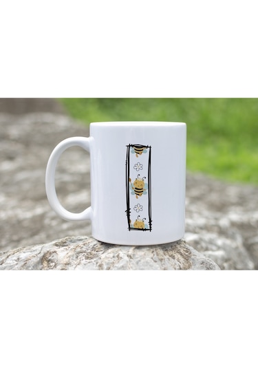 I Harfi Arı Desenli Kupa - Sevimli Hayvan Temalı Kişiye Özel Kahve Kupası - Şans Kupası Beyaz