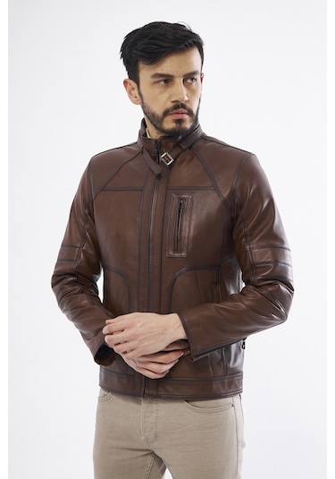 DERİNSS DER185 Hakiki Deri Erkek Taba Mont Taba