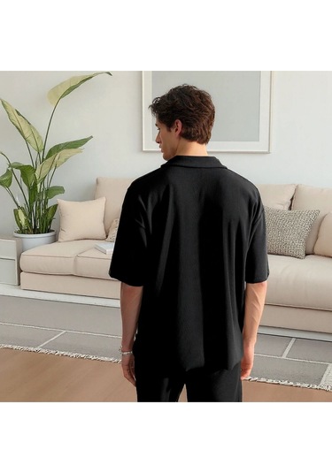 Siyah, Oversize/geniş Kesim, Dokulu Kırışmaz, Ottoman Polo Yaka T-shirt Ve Eşofman Takım Siyah