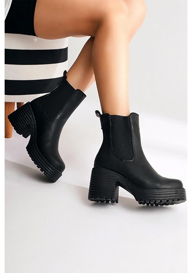 Mergenshoes By023 Siyah Lastik Detaylı Yüksek Taban Kadın Bot 001
