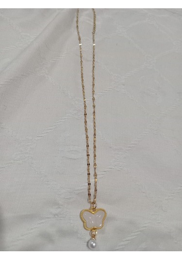 Kelebek Kolye İnci Boncuk Uçlu Beyaz