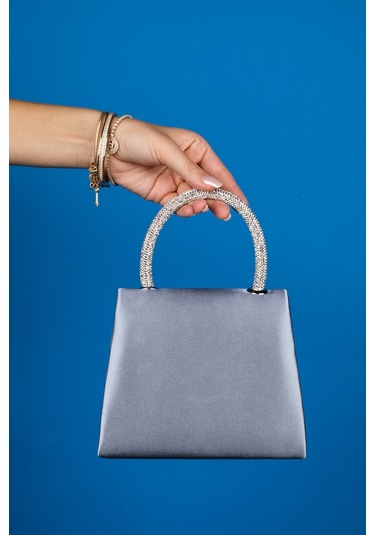 Luvishoes Monako Gri Saten Taşlı Kadın El Çantası Gri