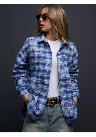 Justfıre Kareli Oversize Gömlek 268682244 Açık Mavi
