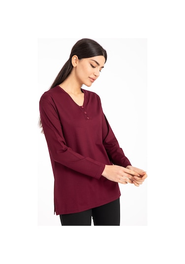 Kadın Orta Yaş ve Üzeri Dört Mevsim V Yaka Rahat Kalıp Likralı Viskoz Anne Penye Bluz 140-Vişne Çürüğü