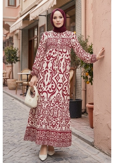 Bestenur Laysa Desenli Viskon Elbise 1721 - Bordo