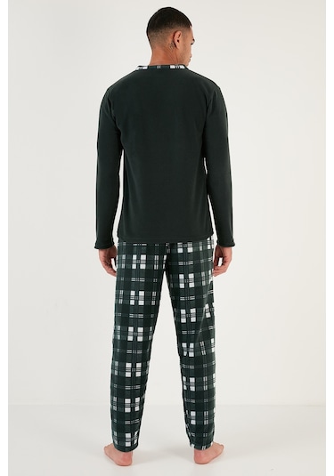 Buratti Ekoseli Regular Fit Düğmeli Bisiklet Yaka Kışlık Polar Erkek Pijama Takımı 60961002 Yeşil