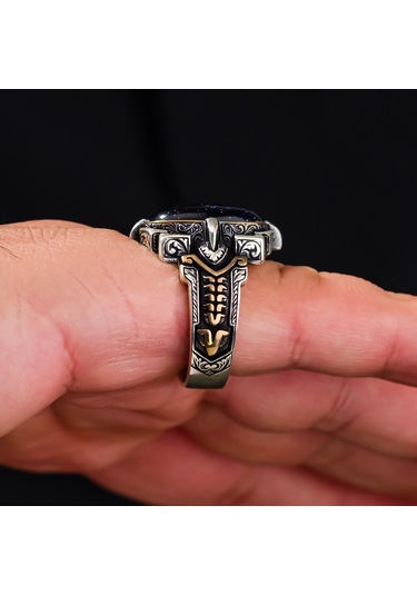 Mavi Yıldız Taşlı Tasarım 925 Ayar Gümüş Erkek Yüzük Gümüş