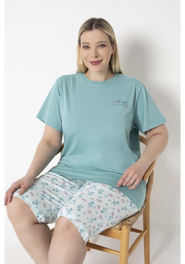 Mint Yeşili Mint Yeşili Çiçek Desenli Büyük Beden %100 Pamuklu Kısa Kol Kapri Pijama Takım Mint Yeşili