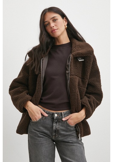 Yaka Detaylı Peluş Mont Kahve Kahve