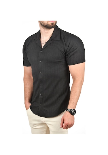 Deepsea Erkek Siyah Slim Fit Pamuklu Apaş Yaka Kısa Kol Penye Gömlek Dokulu Jakar Kumaş Dar Kesim Spor Gömlek 2501216 Siyah
