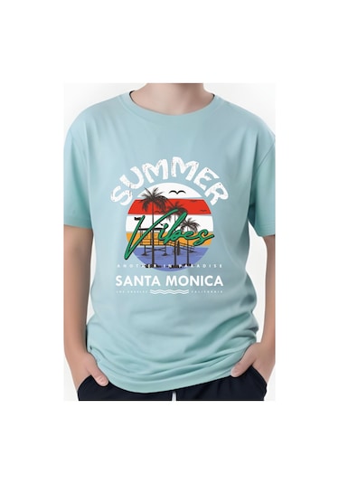 Summer Baskılı Erkek Çocuk Yuvarlak Yaka Kısa Kollu T-shirt Mint Yeşili