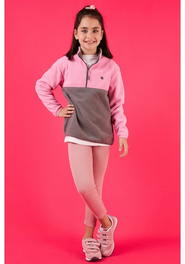 Lela Yumuşak Dokulu Yarım Fermuarlı Renk Bloklu Dik Yaka Unisex Çocuk Polar 5905004 Şeker Pembe-Gri